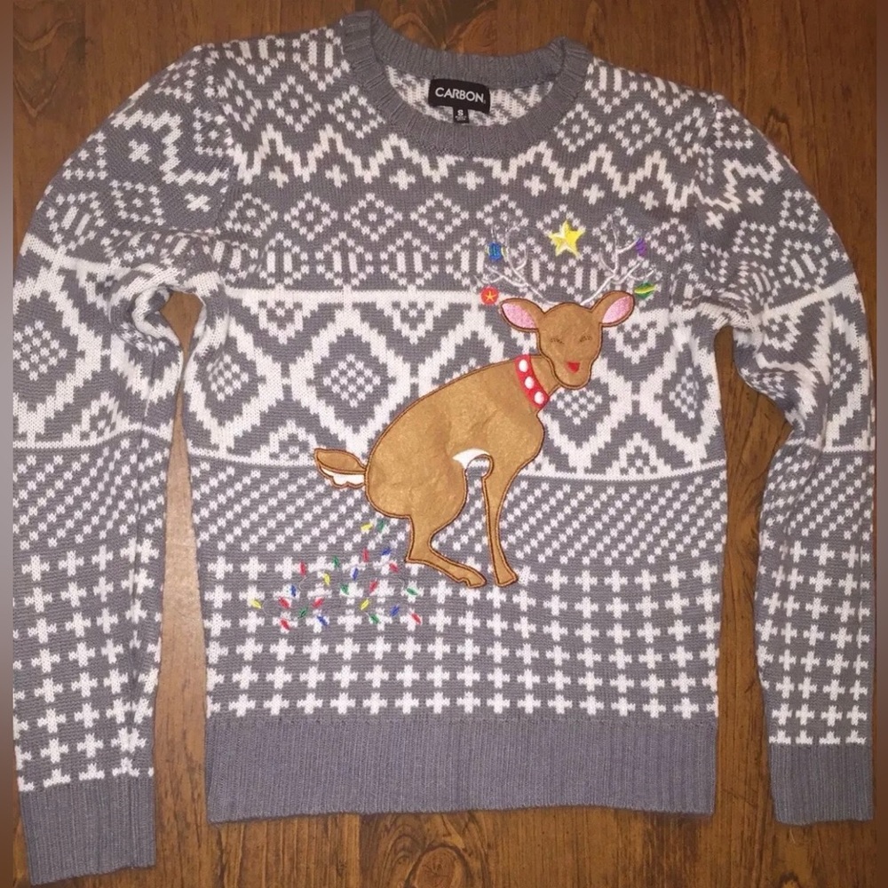 CARBON Ugly Christmas Sweater Reindeer Pooping Christmas Lights Gray & White S